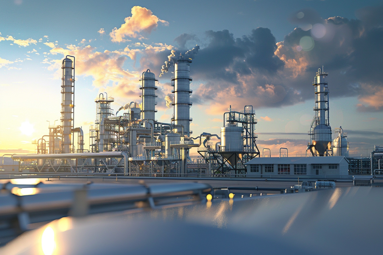 Distillation columns and tanks at a chemical plant