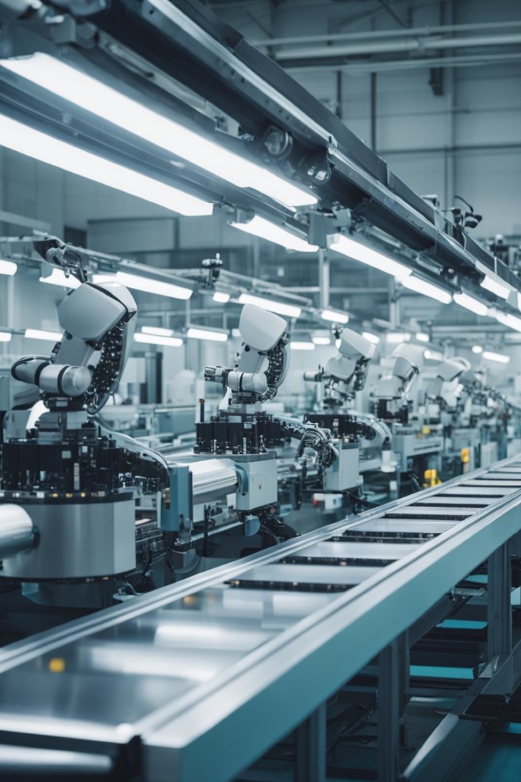 Robotic arms on an electronics assembly line