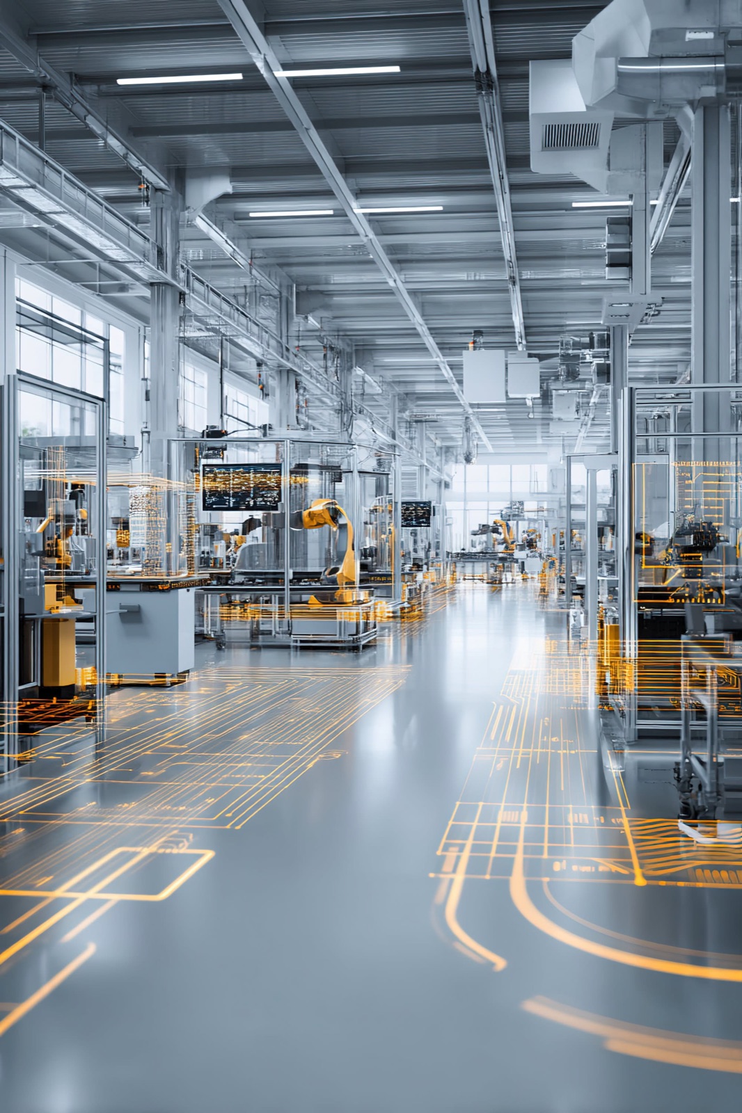 Automated factory floor with robot cells and conveyors