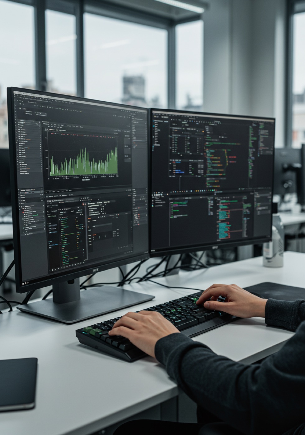 Hands on a keyboard in front of two monitors showing an editor and a log
